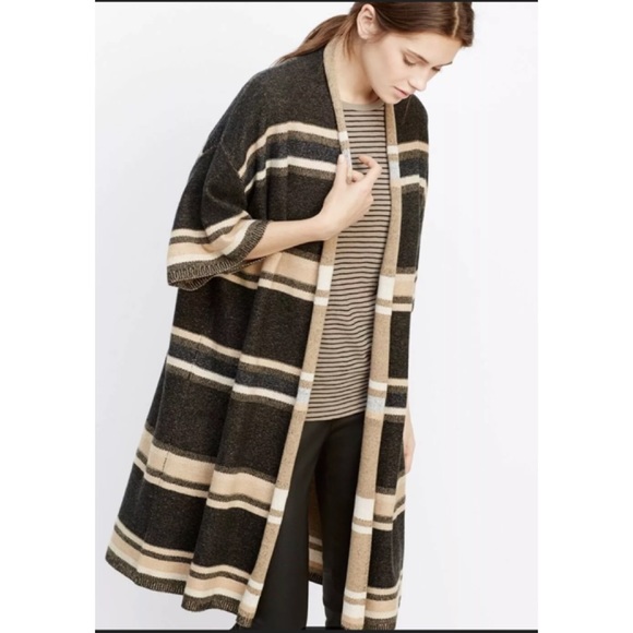 Vince Wool Cashmere Long Open Cardigan Sweater Size Small Black Tan Striped - Picture 3 of 13